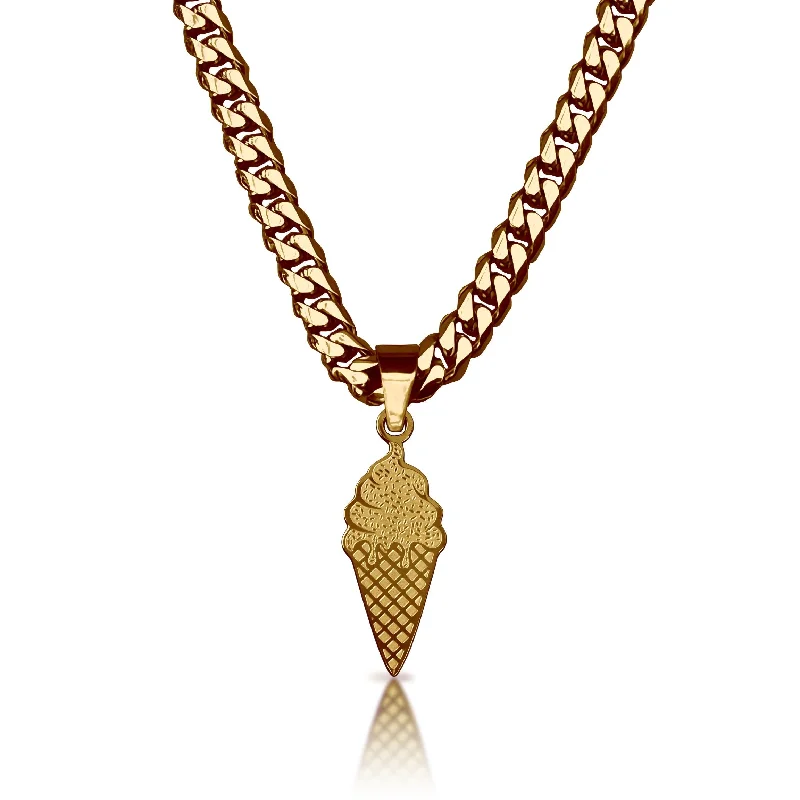 sapphire necklaces for women-Pro Ice Cream Pendant With 6mm Cuban Link Chain Necklace - 14K Gold Plated Stainless Steel