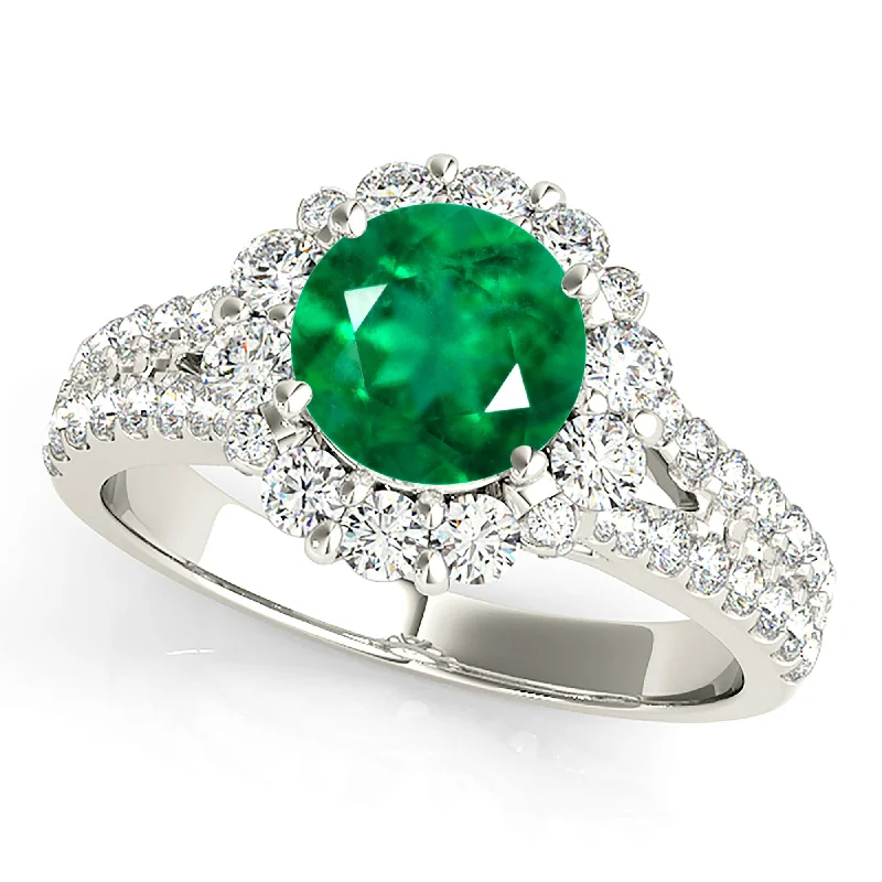 vintage-inspired rings for women-1.75 ct. Genuine Emerald Split Shank Halo Ring With Side Diamonds