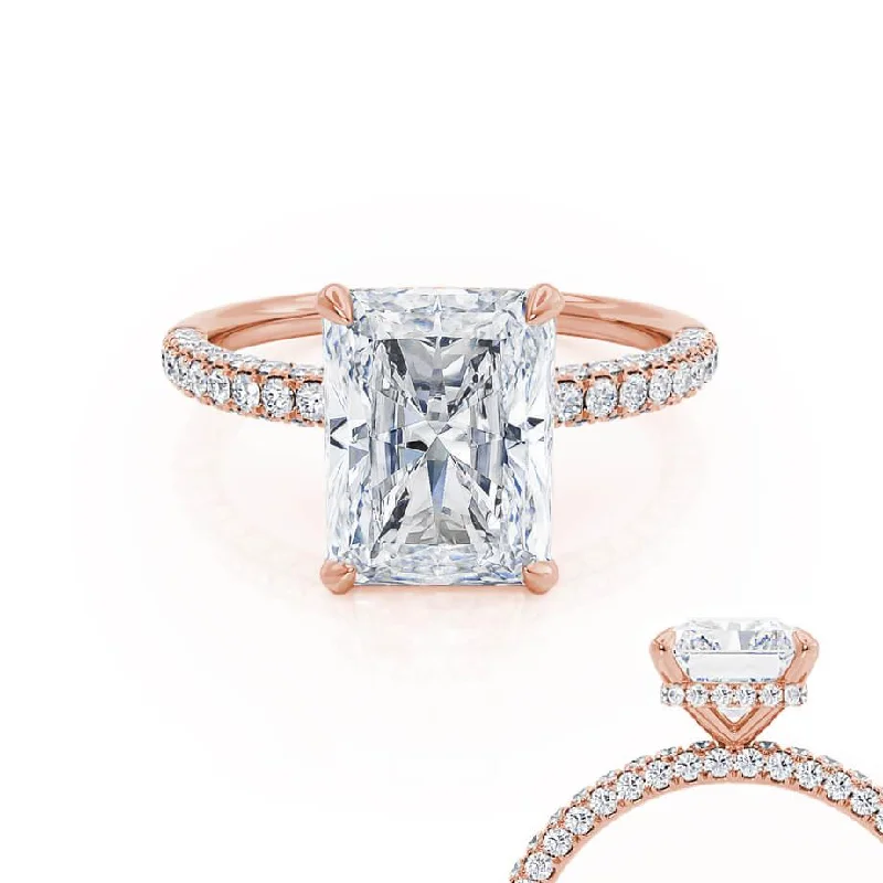 intricate gold engagement rings for women-COCO - Radiant Moissanite & Diamond 18k Rose Gold Petite Hidden Halo Triple Pavé Shoulder Set Ring