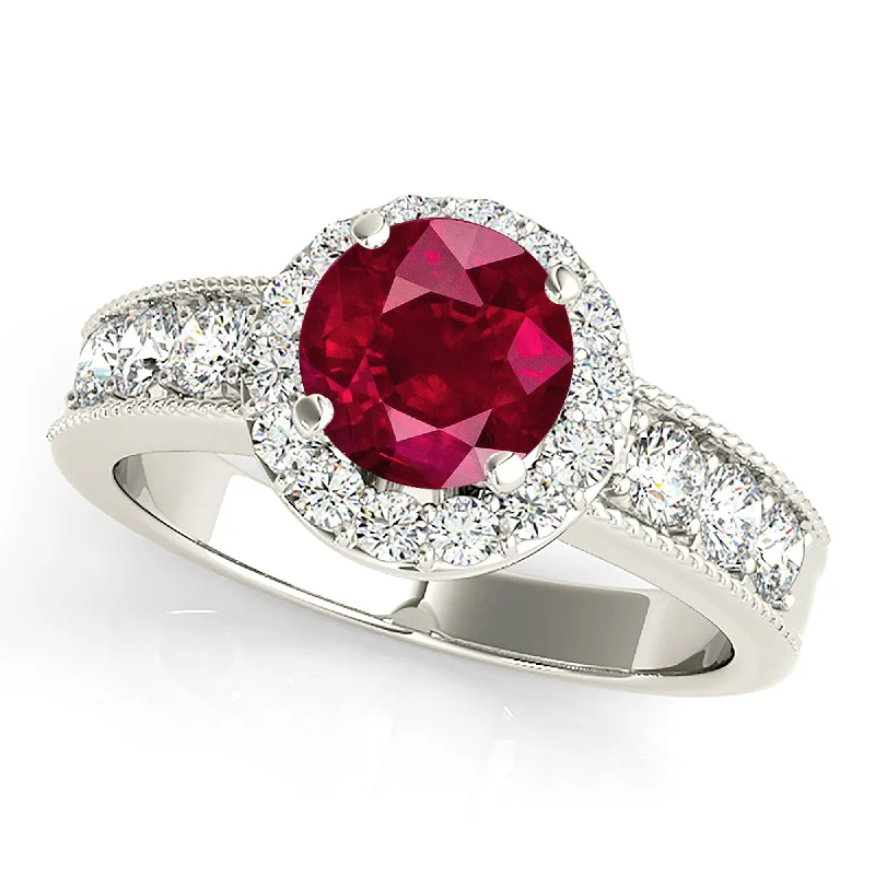 wedding rings for women-1.35 ct. Genuine Ruby Ring With Halo And Milgrain Diamond Band