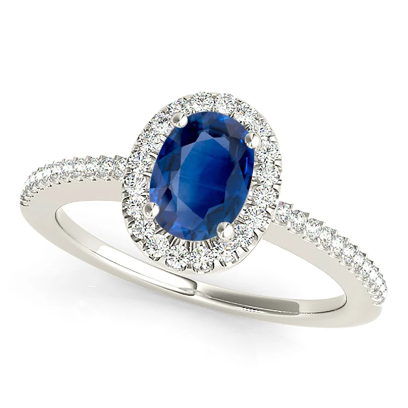 colorful rings for women-1.00 ct. Genuine Blue Oval Sapphire Ring Halo Style, Thin Diamond Band