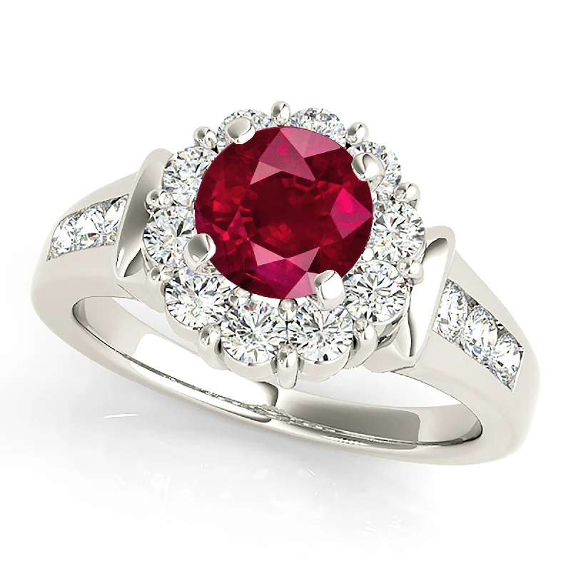 silver rings for women-1.35 ct. Genuine Ruby Ring With Halo And Diamond Band