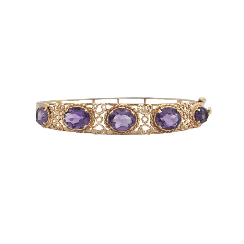 cuff bangles for women-Retro Amethyst 14k Gold Hinged Bangle Bracelet