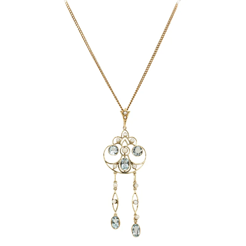 simple sterling silver necklaces for women-Deja Vu 15ct Yellow Gold Aquamarine & Seed Pearl Pendant