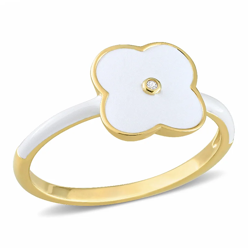 radiant-cut engagement rings for women-Mimi & Max Created White Sapphire Floral White Enamel Ring in Yellow Plated Sterling Silver