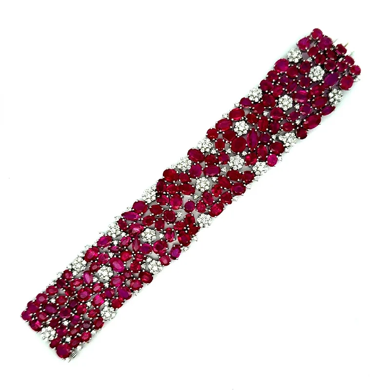 art deco bangles for women-Wide Ruby Diamond 18k White Gold Cluster Bracelet