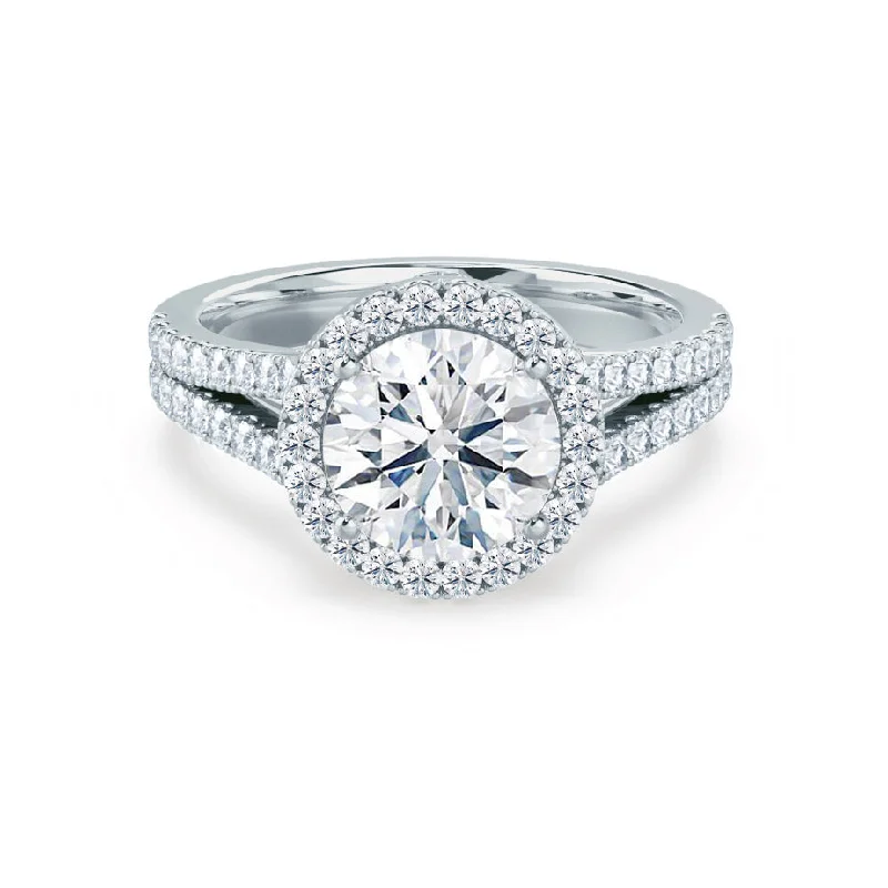 timeless engagement rings for women-AMELIA - Round Moissanite & Diamond 950 Platinum Halo Ring