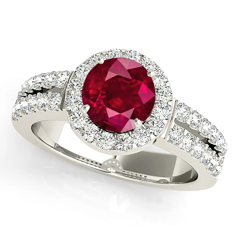 personalized rings for women-1.35 ct. Genuine Ruby Ring With Halo And Double row Diamond Band