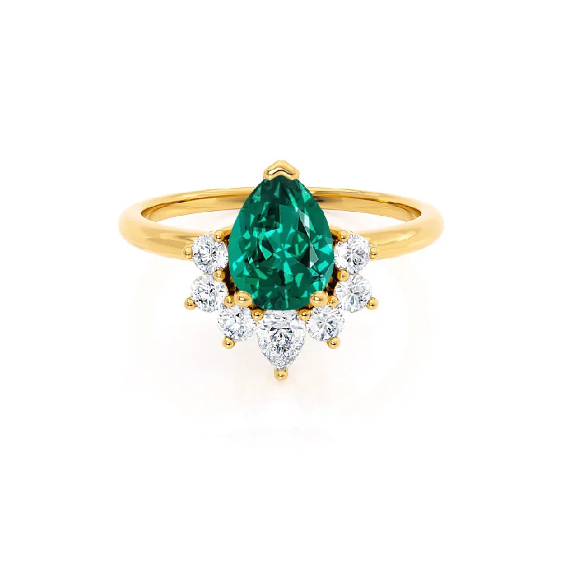 emerald engagement rings for women-BALLET - Chatham® Pear Emerald & Diamond Half Halo Tiara Ring 18k Yellow Gold