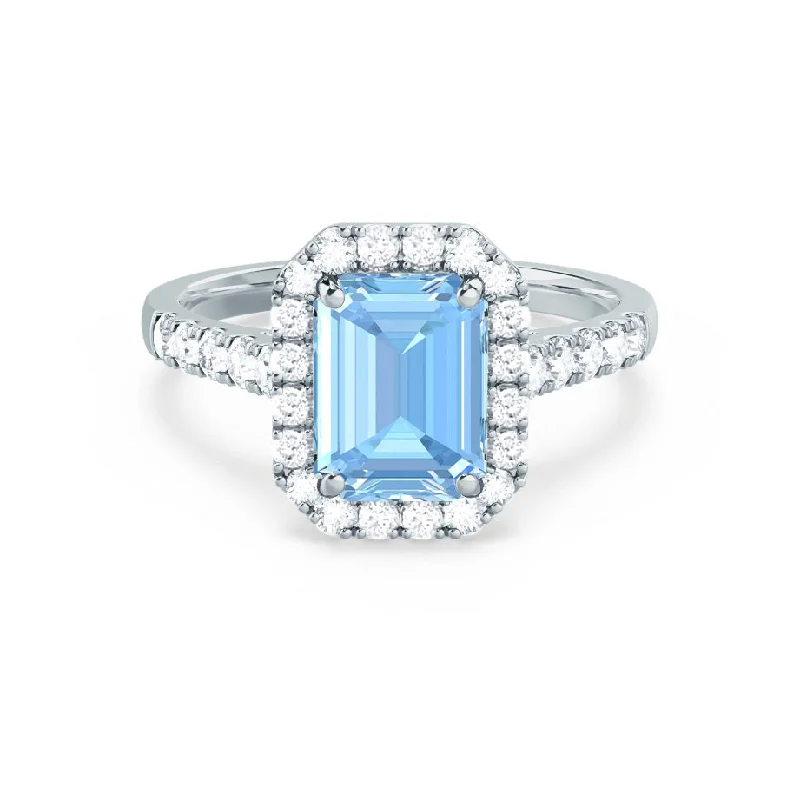 wedding and engagement rings for women-ESME - Chatham® Emerald Lab-Grown Aqua Spinel & Diamond 18k White Gold Halo