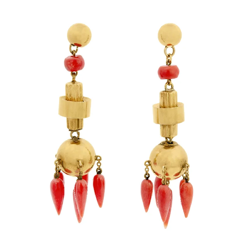 dangle earrings for women-Victorian 18K Natural Coral Chandelier Earrings