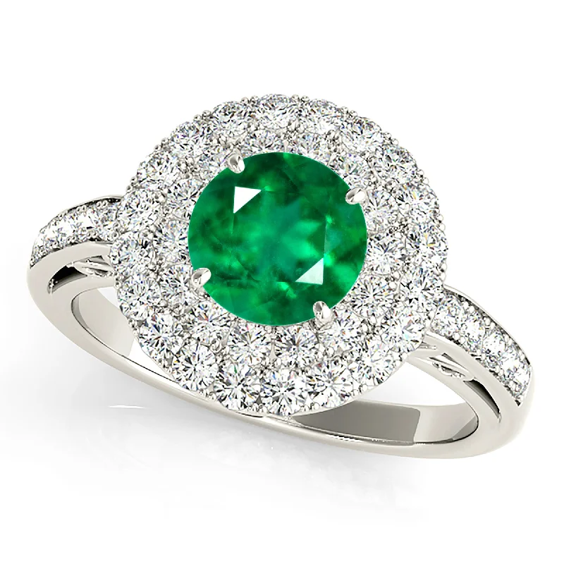 designer engagement rings for women-1.15 ct. Genuine Emerald Double Halo Ring With Under Halo and Side Diamonds