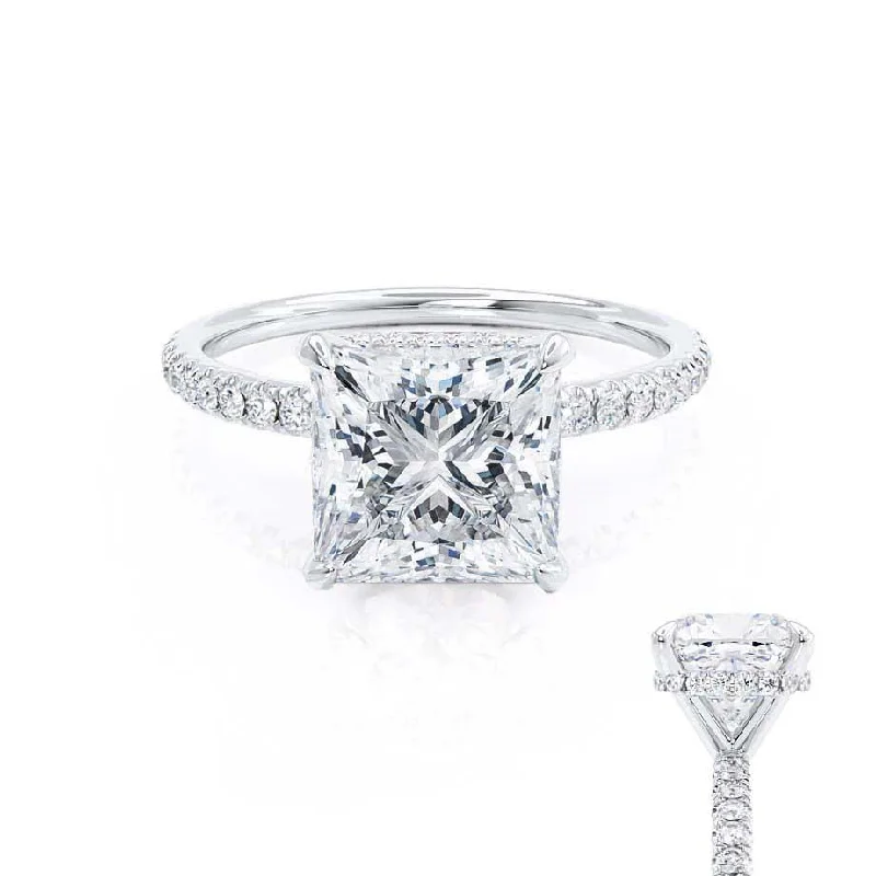 diamond engagement rings for women-LIVELY - Princess Moissanite & Diamond Platinum Hidden Halo Micro Pavé Shoulder Set