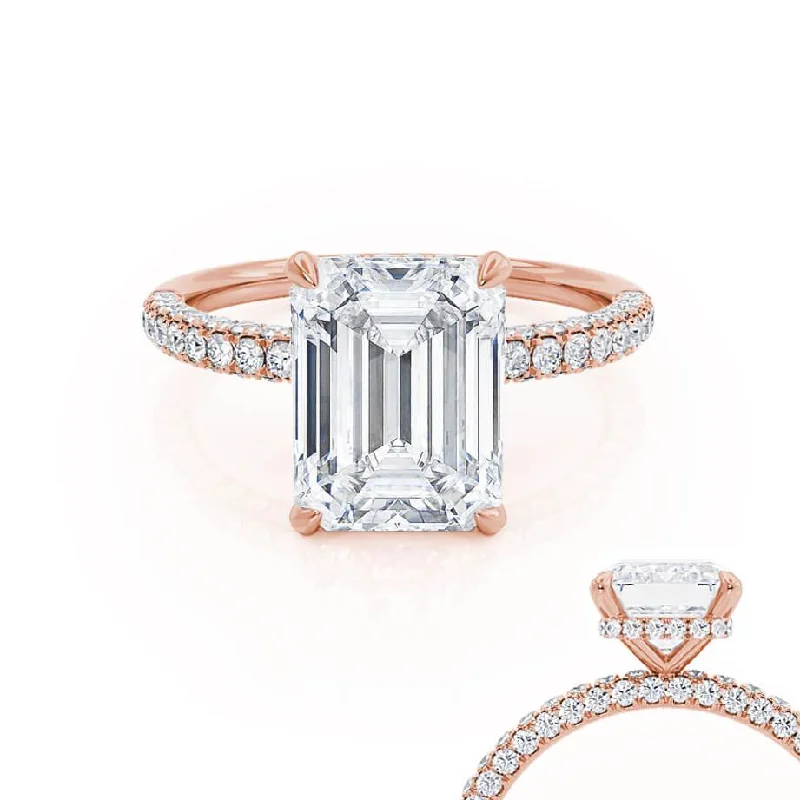 classic diamond engagement rings for women-COCO - Emerald Lab Diamond & Diamond 18k Rose Gold Hidden Halo Triple Pavé Ring