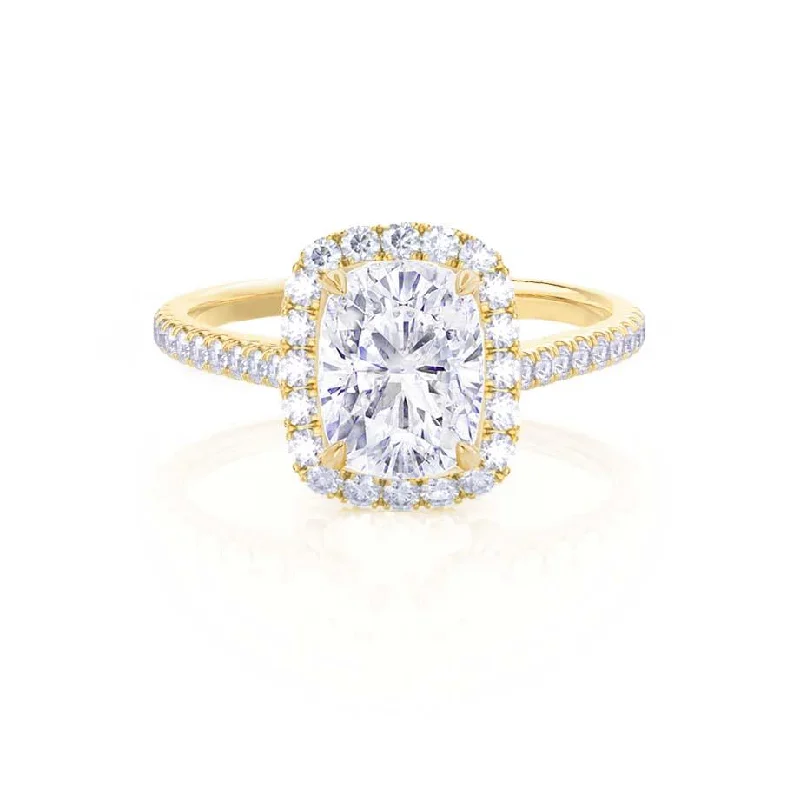 engagement rings with pearls for women-DARLEY - 1.50ct Moissanite Elongated Cushion Micro Pavé 18k Yellow Gold Halo