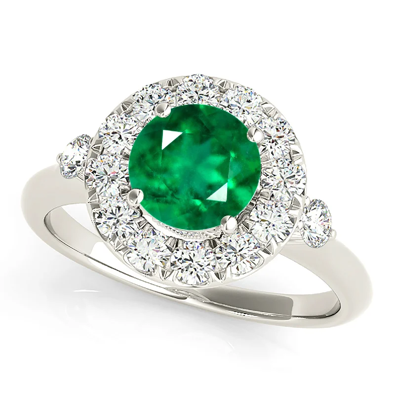 vintage gold rings for women-1.15 ct. Genuine Emerald Ring With Halo and Side Accent Diamonds