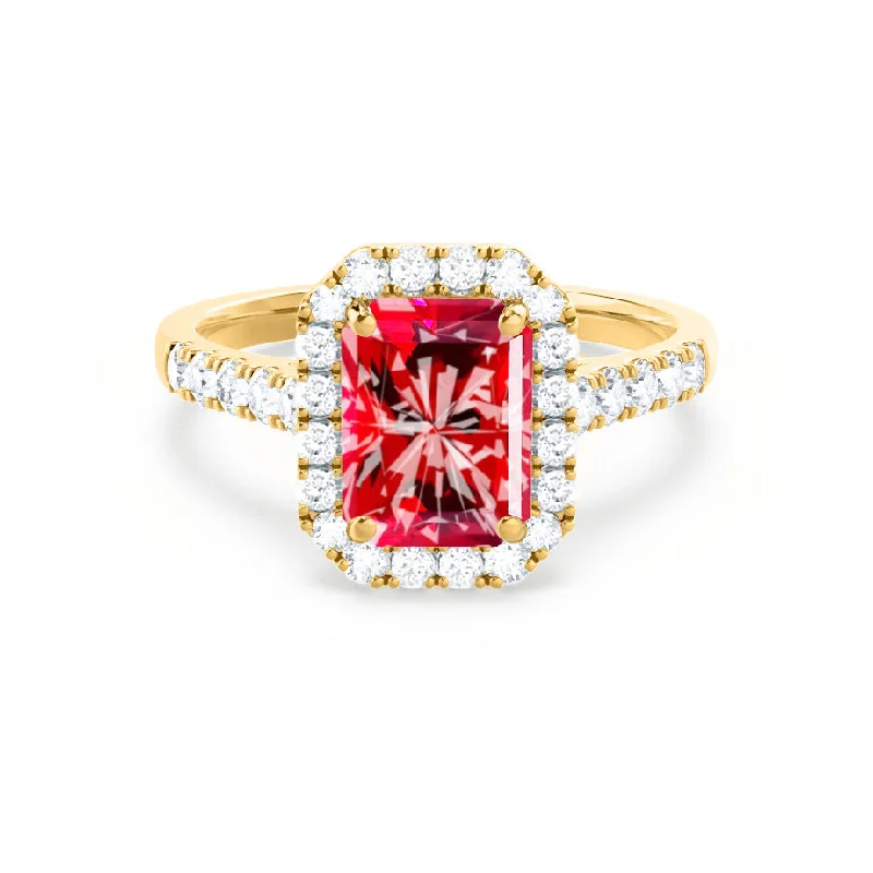 silver engagement rings for women-ESME - Chatham® Radiant Lab-Grown Ruby & Diamond 18k Yellow Gold Halo