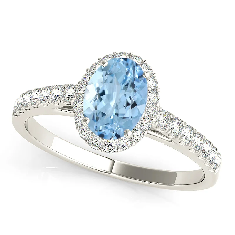 platinum rings for women-1.30 ct. Genuine Oval Aquamarine Ring With Halo and Delicate Dainty Diamond Band