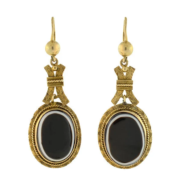 classic hoop earrings for women-Victorian 12kt Gold Banded Agate Earrings