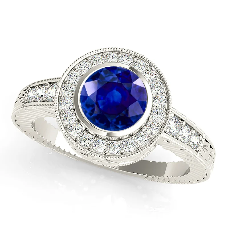 platinum rings for women-1.35 ct. Genuine Blue Sapphire Bezel Set Vintage Halo Ring