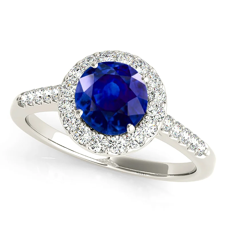 emerald rings for women-1.35 ct. Genuine Blue Sapphire Halo Ring With Side Diamonds