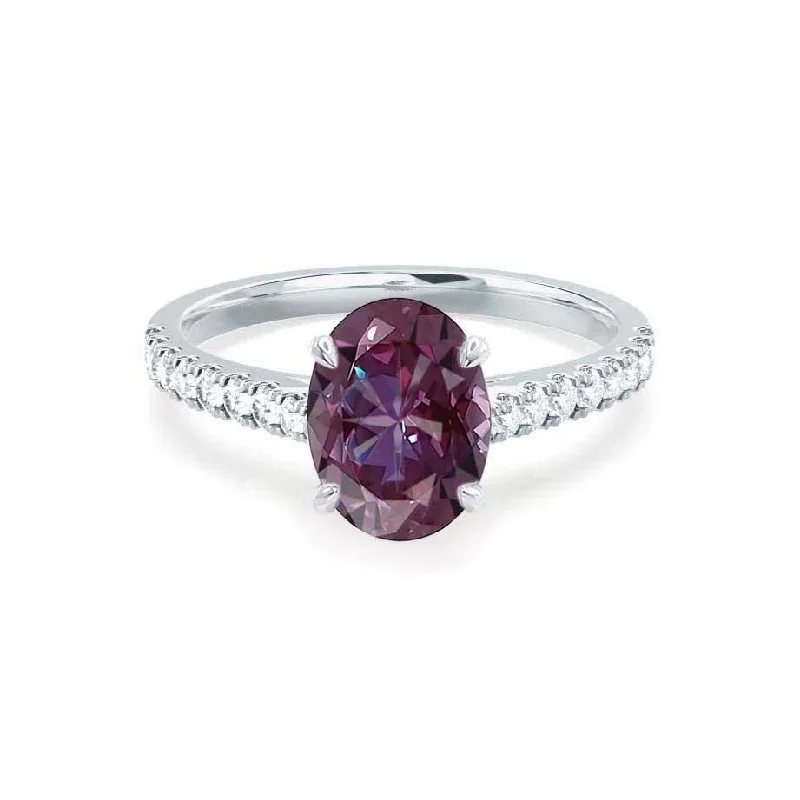 geometric engagement rings for women-VIOLA - Chatham® Alexandrite Oval & Diamond 18k White Gold Shoulder Set Ring