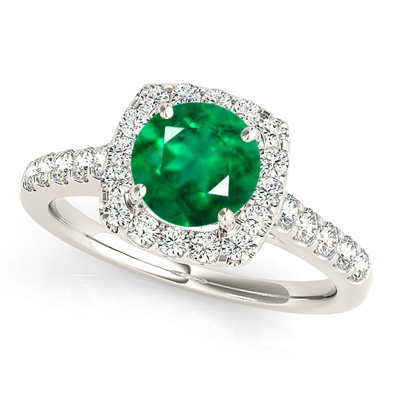 modern engagement rings for women-1.75 ct. Genuine Emerald Ring With Cushion Halo, Delicate Diamond Band