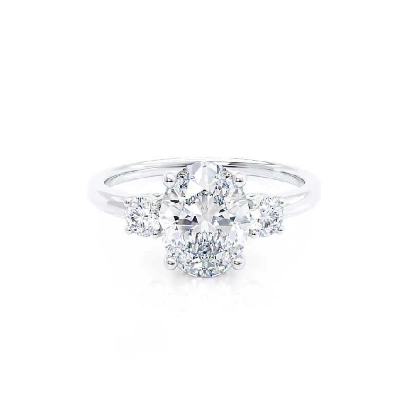 platinum engagement rings for women-LOUELLA - Diamond Oval Petite Trilogy 18k White Gold Engagement Ring