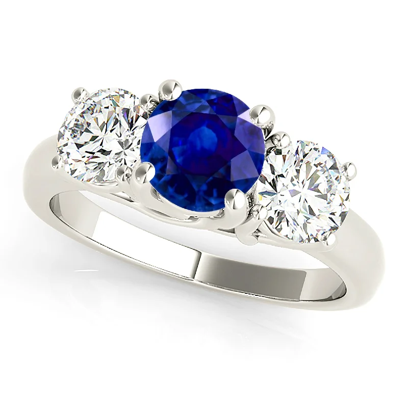 boho rings for women-1.45 ct. Genuine Blue Sapphire Three Stone Engagement Ring