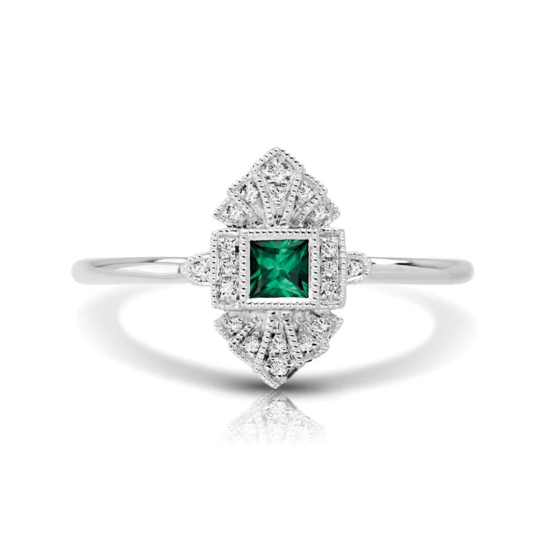 handcrafted wedding rings for women-Vintage Inspired 0.15 ct. Natural Princess Cut Emerald Ring