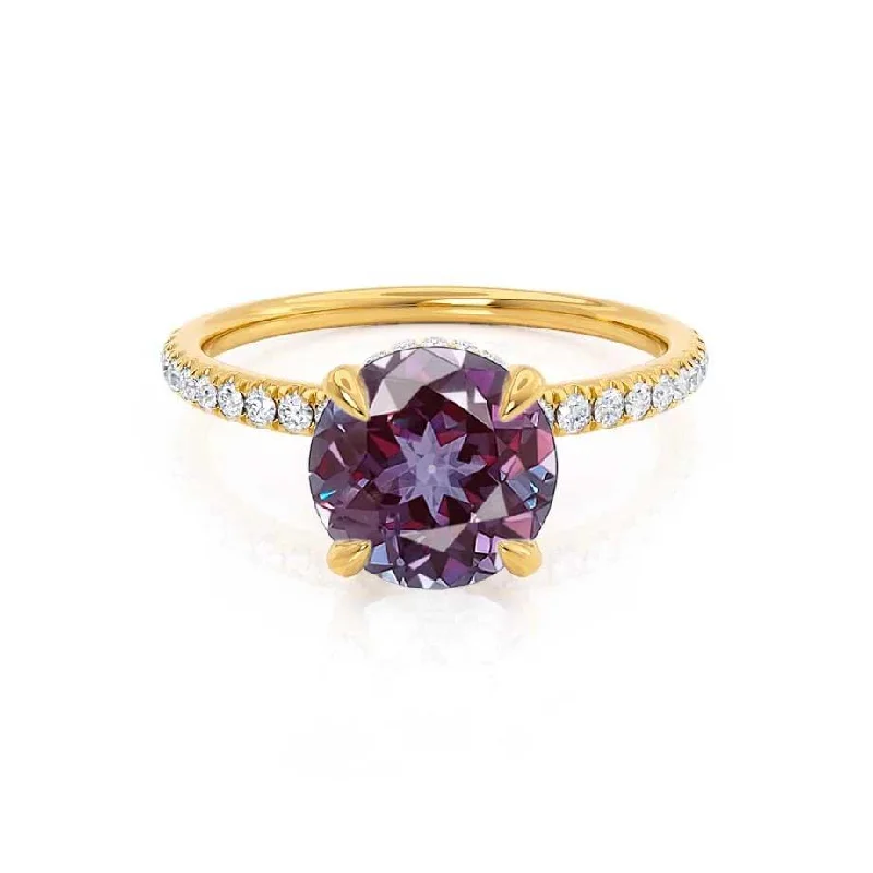 vintage diamond engagement rings for women-LIVELY - Chatham® Round Alexandrite 18k Yellow Gold Petite Hidden Halo Pavé Shoulder Set Ring