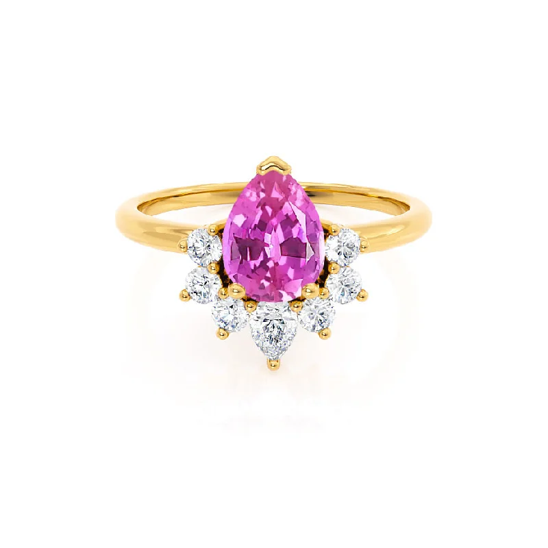 pear-cut engagement rings for women-BALLET - Chatham® Pear Pink Sapphire & Diamond Half Halo Tiara Ring 18k Yellow Gold