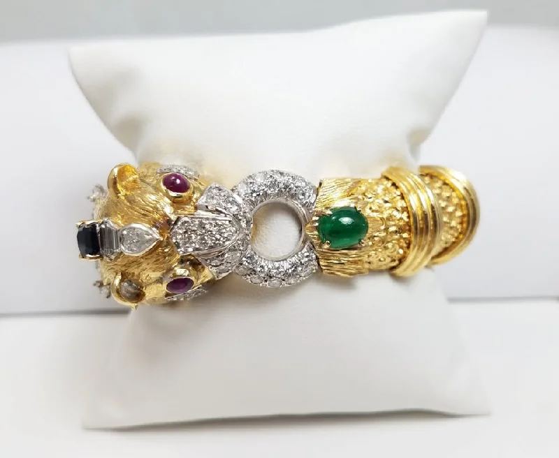 silver-plated bangles for women-Priceless 18k Yellow Gold Natural Ruby Sapphire Emerald Diamond Dragon Bangle Bracelet