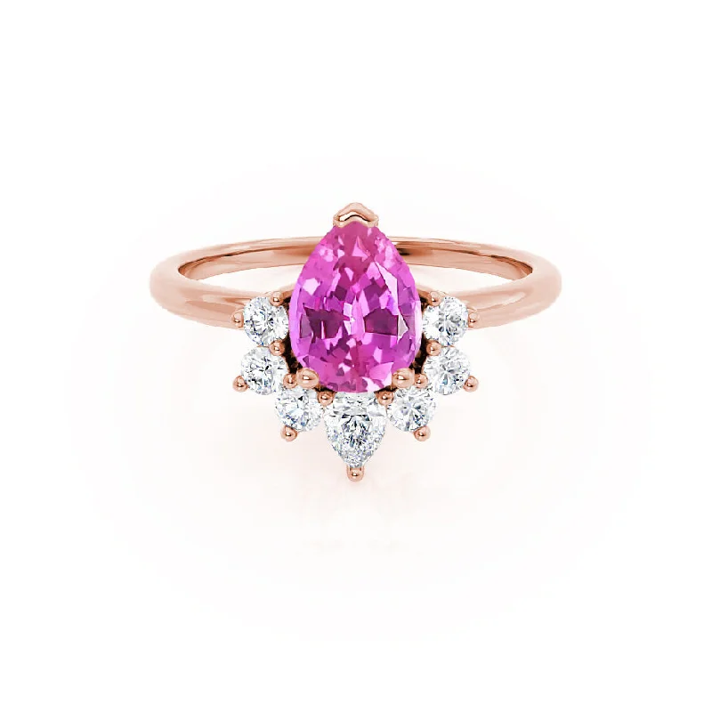 vintage-style engagement rings for women-BALLET - Chatham® Pear Pink Sapphire & Diamond Half Halo Tiara Ring 18k Rose Gold