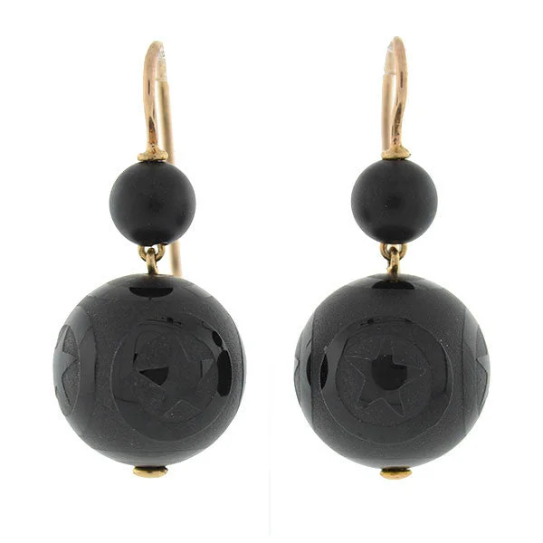 elegant earrings for women-Victorian 14kt Onyx Engraved Star Motif Earrings