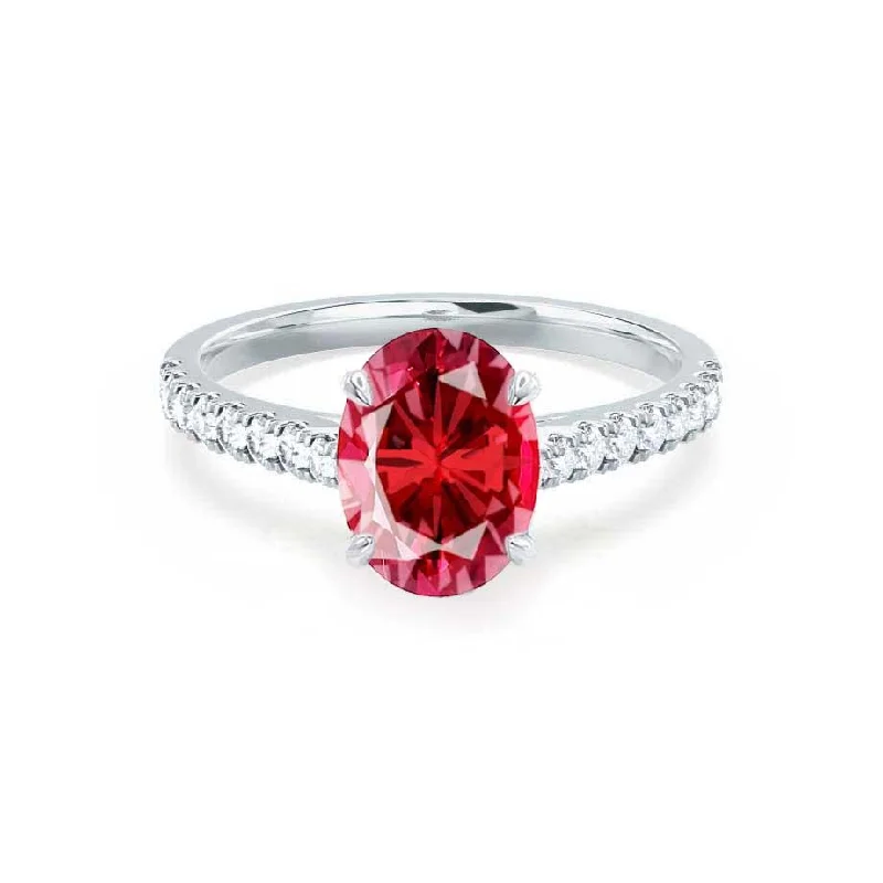 classic gold engagement rings for women-VIOLA - Chatham® Ruby Oval & Diamond 18k White Gold Shoulder Set Ring