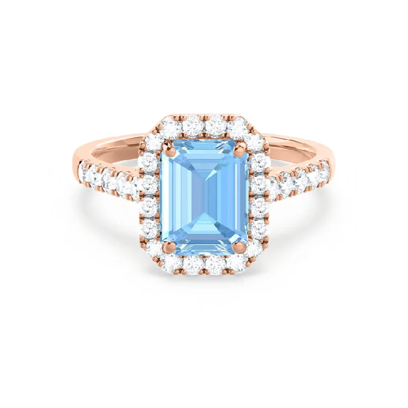 timeless engagement rings for women-ESME - Chatham® Emerald Lab-Grown Aqua Spinel & Diamond 18k Rose Gold Halo