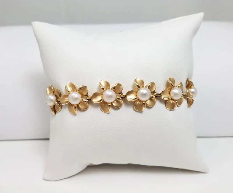 fashion bangles for women-Designer 14K Yellow Gold Pearl Plumeria Flower 7" Bracelet