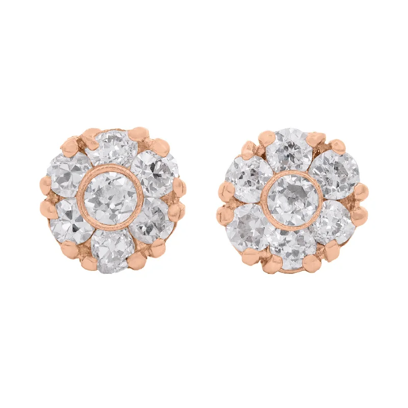 rose gold earrings for women-Victorian 14k Diamond Flower Cluster Stud Earrings 1ctw