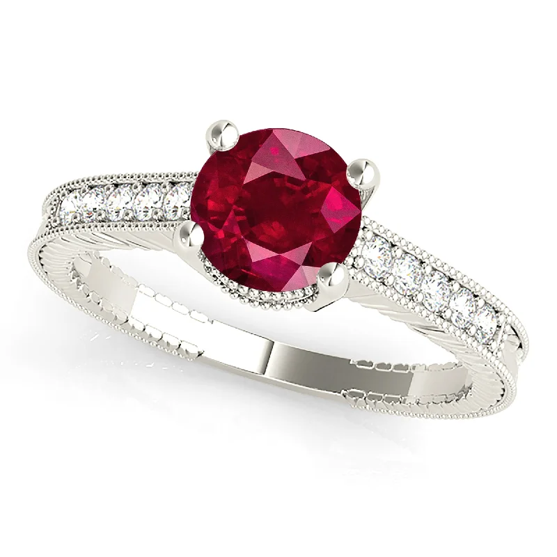 large gemstone rings for women-1.80 ct. Genuine Ruby Ring With Underneath Halo And Filigree Diamond Band