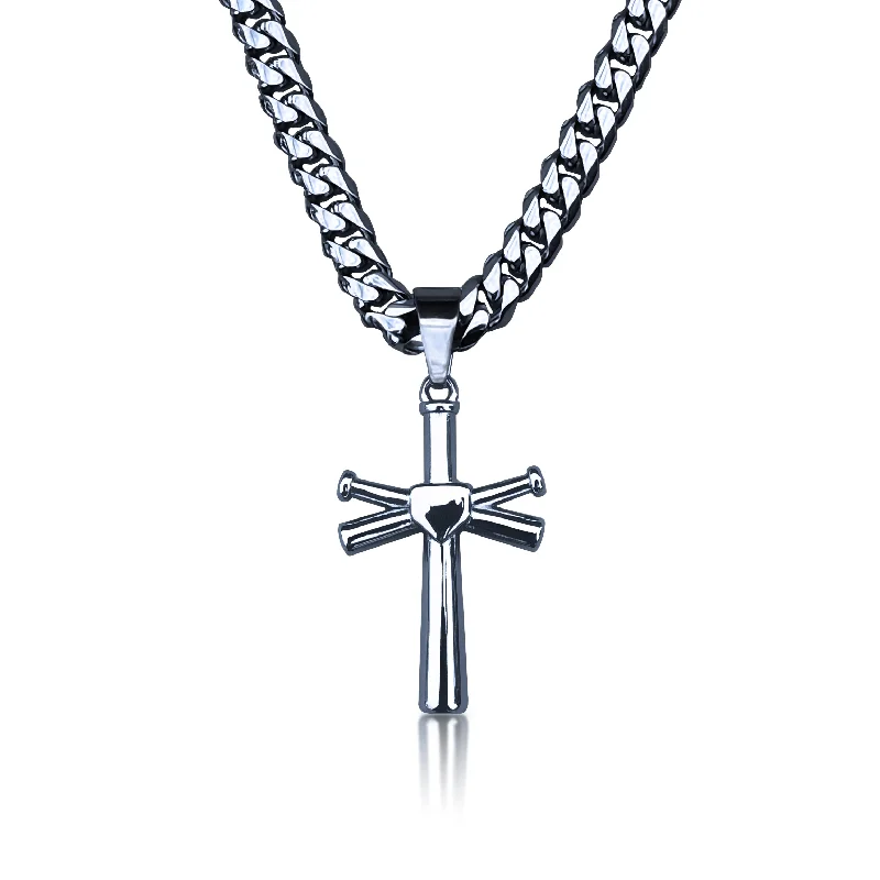 bold pendant necklaces for women-Pro Baseball Bat Cross Pendant With 6mm Cuban Link Chain Necklace - Stainless Steel