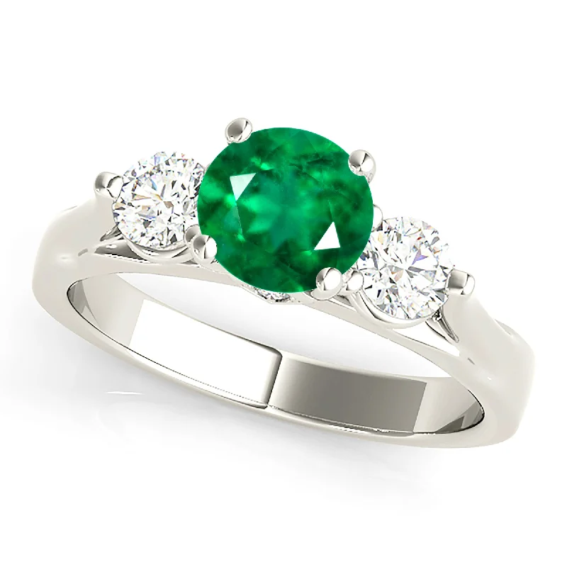 trendy stackable rings for women-1.15 ct. Genuine Emerald Three Stone Ring With Diamonds