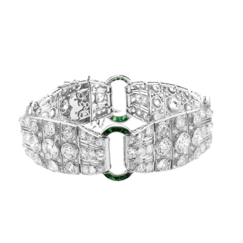 rose gold bangles for women-Magnificent French Art Deco Diamond Emerald Platinum Bracelet