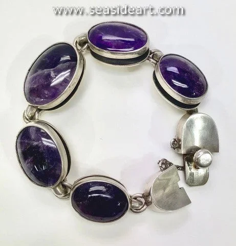 sterling silver bangles for women-Vintage Sterling Silver Bracelet with Oval Amethyst Cabochons-Antonio Pineda