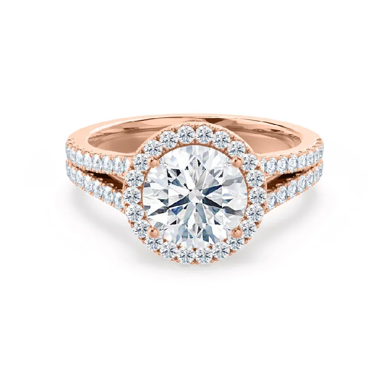 rose gold engagement rings for women-AMELIA - Round Moissanite & Diamond 18k Rose Gold Halo Ring