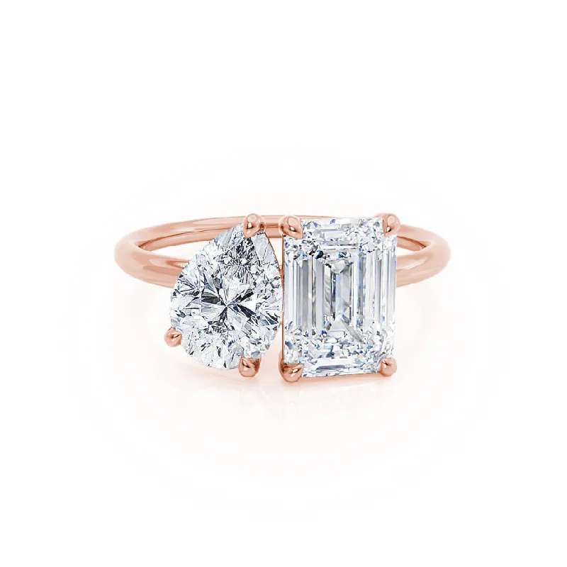 luxury platinum engagement rings for women-COMET - Toi Et Moi Lab Diamond Emerald & Pear Cut Ring 18k Rose Gold