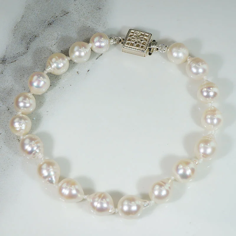 casual bangles for women-Baroque Cultured Pearl Bracelet with Sterling Filigree Clasp