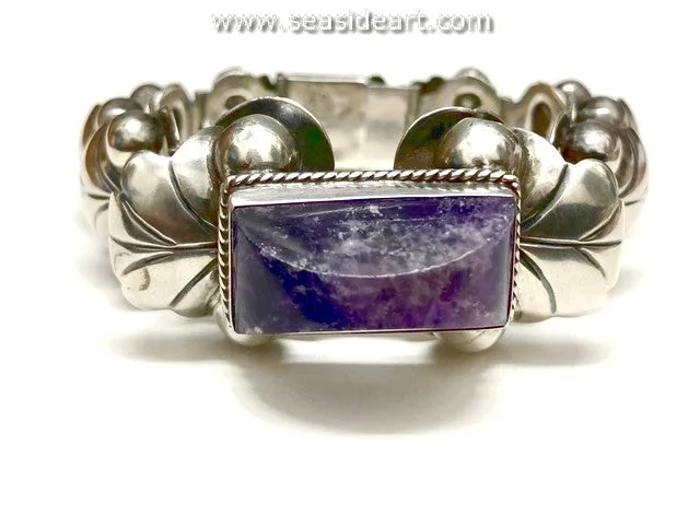 trendy bangles with gemstones for women-Vintage Mexican Silver & Amethyst Link Bracelet