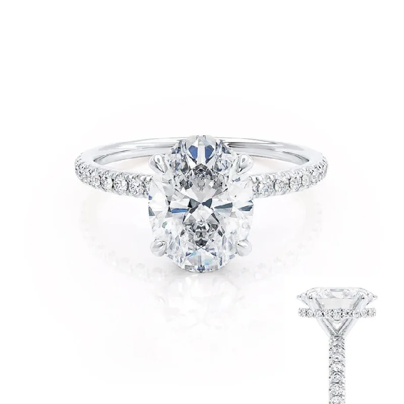 stylish engagement rings for women-LIVELY - Oval Moissanite & Diamond Platinum Petite Hidden Halo Pavé Shoulder Set Ring