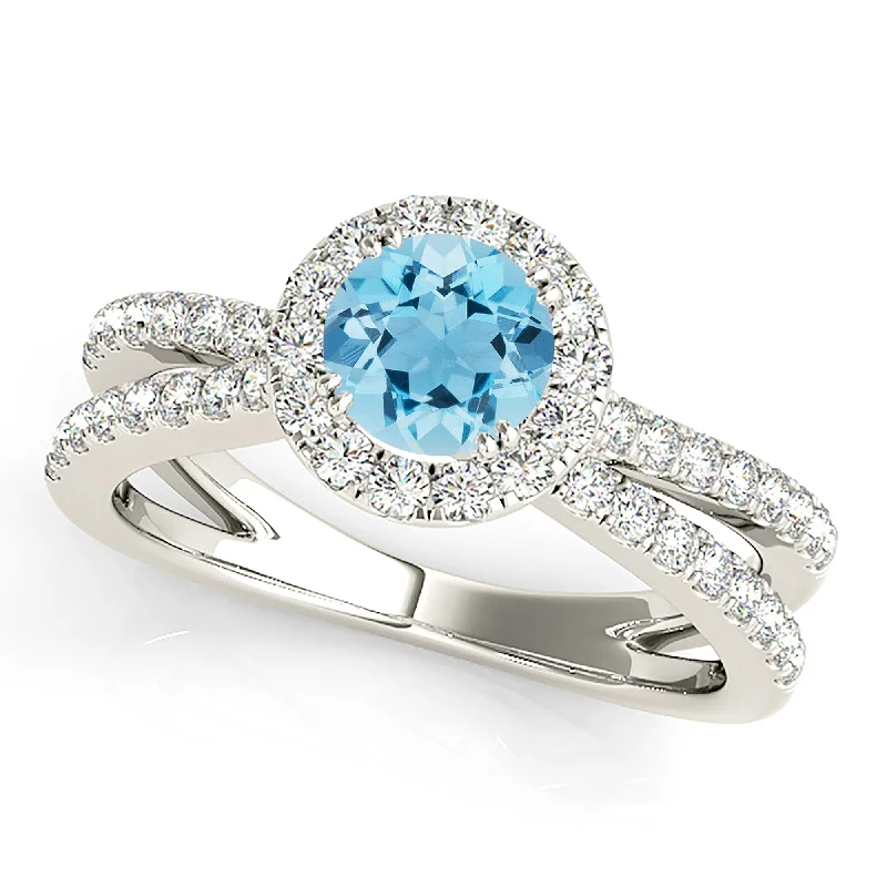 statement rings for women-1.10 ct. Genuine Aquamarine Ring With Halo And Criss-Cross Diamond Band